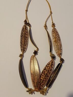 Leather Cord Necklace with Leopard-Patterned Resin Pendants - Brown